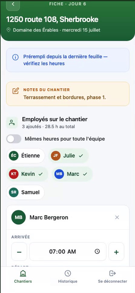 ChantierLog crew sheet for one job site, on a phone, in French
