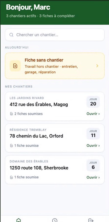 ChantierLog job list on a phone, in French